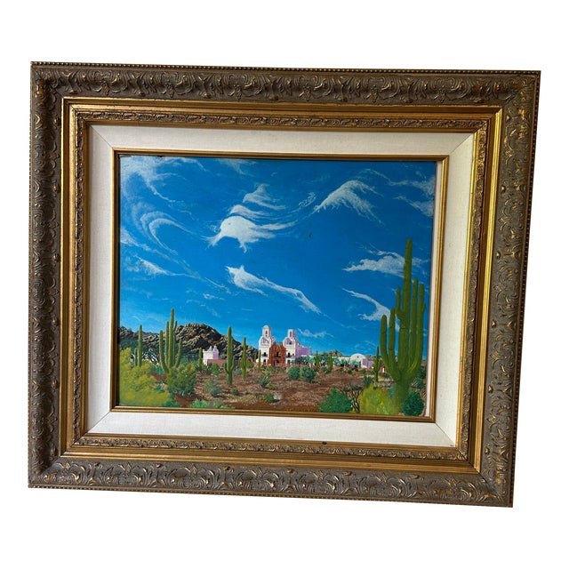 1970s Vibrant Painting of Desert in Gold Frame For Sale