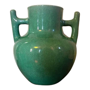Large 1920 Art Deco Japanese Monochrome Green Crackle Glaze Vase in Archaic Form