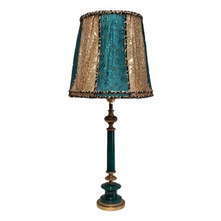 Italian Vintage Table Lamp from the 70s with Green Alabaster Base with Brass and Bronze Elements and Handmade Sequin Shade by Lamplove, 1970s For Sale