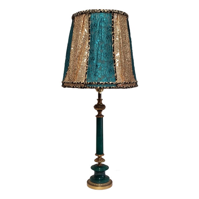 Italian Vintage Table Lamp from the 70s with Green Alabaster Base with Brass and Bronze Elements and Handmade Sequin Shade by Lamplove, 1970s For Sale