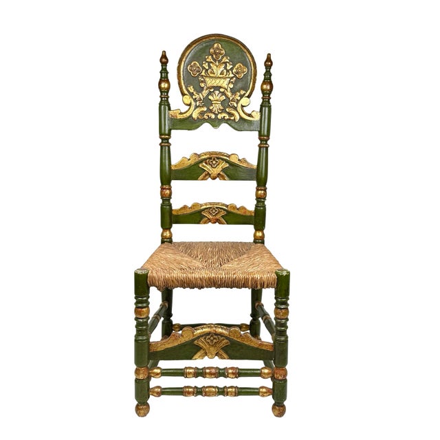 A commanding piece with great presence, this Spanish baroque provincial side chair is painted in deep forest green with...