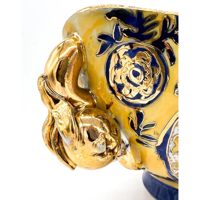 Vintage Italian Majolica Centerpiece Bowl – Hand-Painted Blue, Yellow & Gilt With Pomegranate Handles – Baroque / Mediterranean Revival For Sale In Houston - Image 6 of 12