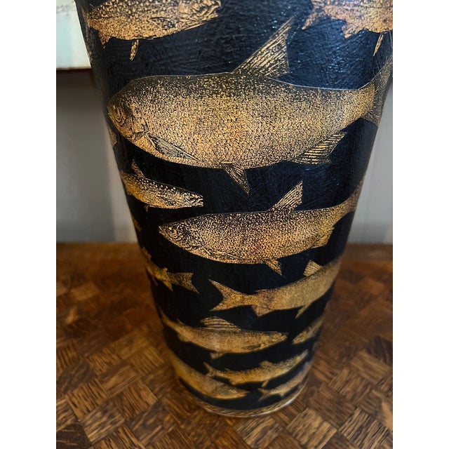 Black Vintage English Planter Jardiniere Urn Fish Decoupage Black Tole Lodge Décor For Sale - Image 8 of 18