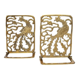 Vintage Pair of Phoenix Brass Bookends -Feng Shui - Asian Chinese Chinoiserie Palm Beach Boho Chic Mid Century Modern For Sale
