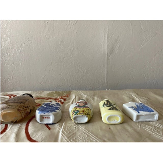Glass Vintage Chinese Snuff Bottles - Inside Painted Glass & Porcelain - Set of 5 For Sale - Image 7 of 12