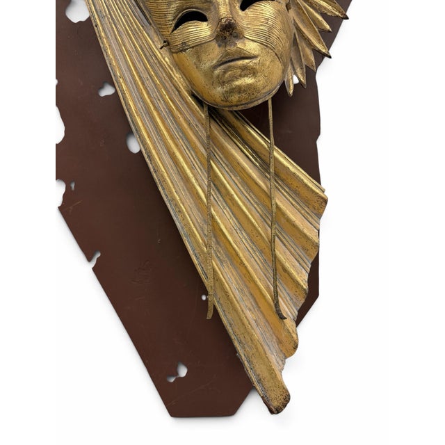 Late 20th Century Vintage Evelyn Lino Brutalist Gold Starburst Mask Wall Sculpture For Sale - Image 5 of 7