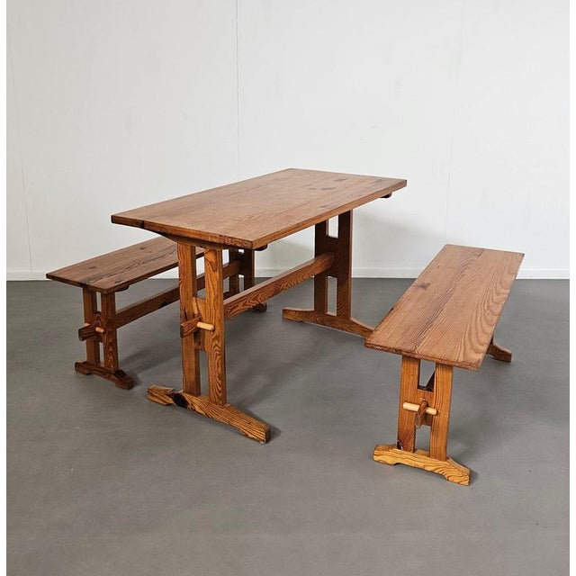 Scandinavian Modern Pinewood Benches and Dining Table, 1970s, Set of 3 For Sale - Image 17 of 18