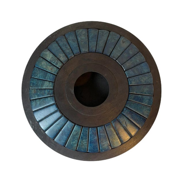 Modernist Artisan Black Marbled Blue Ceramic Disk Vintage Vase Very unique, black ceramic vase has 3 dimensional marbled...