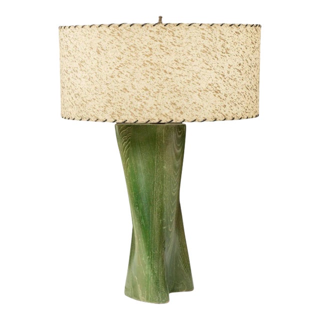 Modern Green-Dyed Carved Wood Table Lamp For Sale