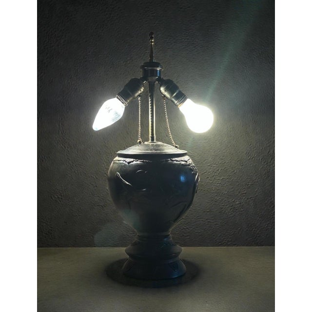 Antique Japanese Meiji Period Patinated Bronze Vase Table Lamp With High Relief Bird and Flower Silk Pagoda Shade For Sale - Image 12 of 13