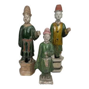 Antique Ming Dynasty Glazed Pottery Tomb Attendant Figures- Set of 3