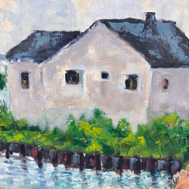 1950s Vintage Original Coastal Waterfront Landscape Oil Painting For Sale - Image 5 of 12