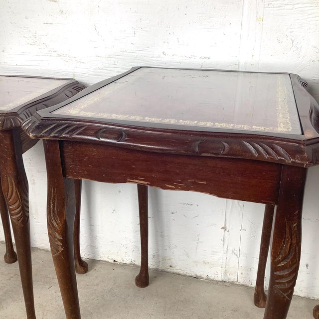 Vintage Queen Anne Style Nesting Tables With Tooled Leather Tops – Set of Three For Sale - Image 11 of 12