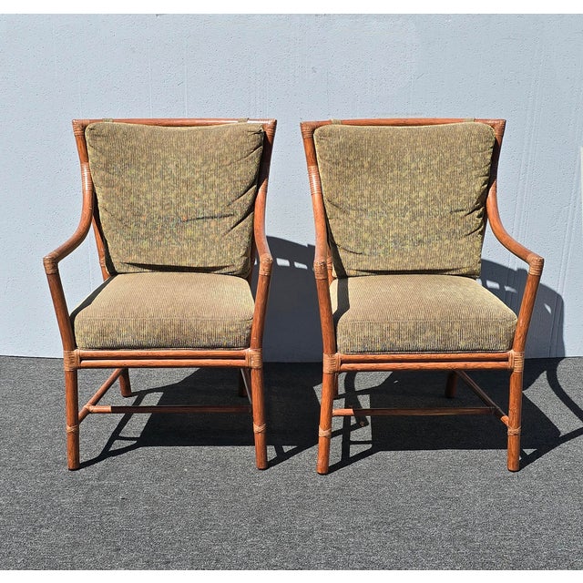 Coastal Pair of Vintage McGuire Orlando Diaz-Azcuy Bamboo Rattan Chairs W Leather Straps For Sale - Image 3 of 18