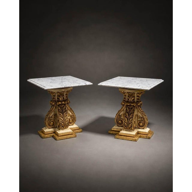 Pair of signed vintage 1970 Fuggiti Studios pedestal side tables featuring ornate cream and gilt-gold Baroque Revival /...