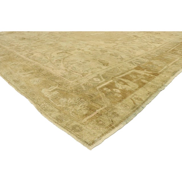 76602 Antique Turkish Oushak Rug with Rustic French Cottage Style 11'03 X 12'01. Effortless beauty and feminine...