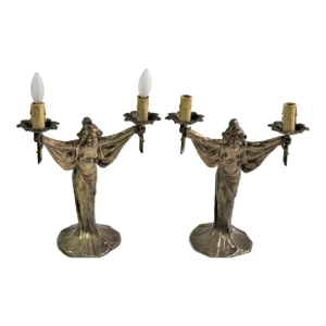 Art Nouveau Lady Candelabra Lamps Originals in Gold Finish - a Pair