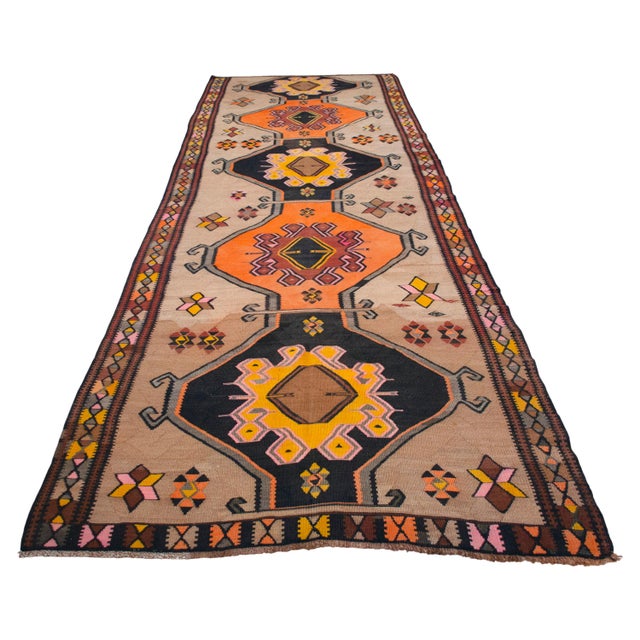 Vintage Turkish Kilim Rug Hand Woven Tribal Large Runner Rug - Neutral Earth Tone 4'4" X 12'10" For Sale - Image 4 of 18