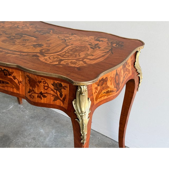 1940s Louis XV Style Inlaid Writing Desk With Ormolu Mounts & Marquetry Top For Sale - Image 11 of 15