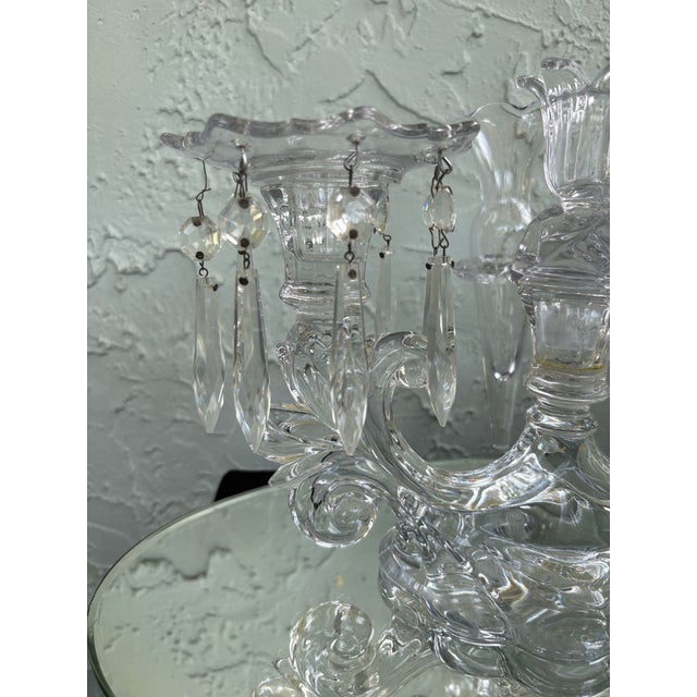 Early 20th Century Vintage Cambridge Glass Crystal Epergne Candelabra With Hanging Prisms and Oval Mirror Display Base For Sale - Image 5 of 12
