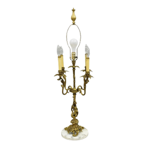 Vintage French Rococo Louis XV Brass Marble Figural Cherub Candelabra Table Lamp