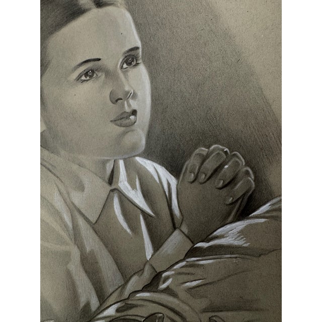 American 1940s Original Signed Graphite Illustration of Praying Girl at Bedside, 13 × 10 In. For Sale - Image 3 of 6