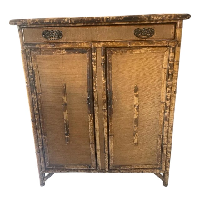 Chinoiserie Antique British Colonial English Tortoise Bamboo Cabinet For Sale