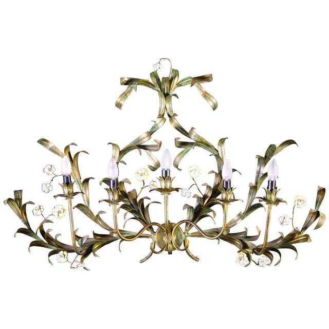 Large Italian Tole Leaves Wall Light with Colorful Porcelain Flowers, 1970 For Sale - Image 14 of 14