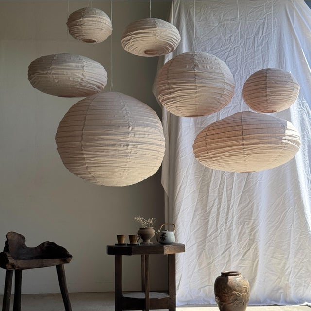 Large Vintage Oval Flattened Pink Rattan and Natural Linen Pendant Light, 1980s For Sale - Image 17 of 18