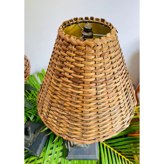 Monkey Lamps With Tole Palm Trees & Wicker Shades - a Pair For Sale - Image 9 of 10