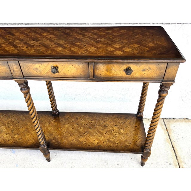 Theodore Alexander Theodore Alexander Burl Parquetry Console Table With 4 Drawers For Sale - Image 4 of 18