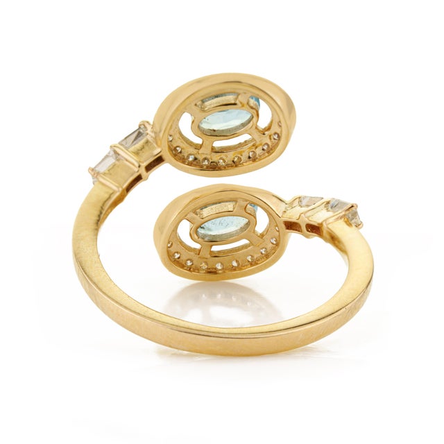 14k Gold Handmade Natural Aquamarine & Diamond Bypass Wrap Ring Size 8 For Sale - Image 9 of 15