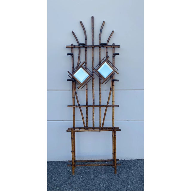 Wood Antique Scorched Tiger Bamboo Hall Tree With Diamond Mirrors and Umbrella Stand For Sale - Image 7 of 7