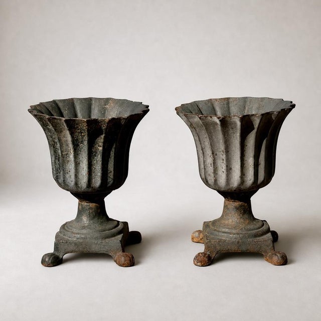 Small Antique Cast Iron Fluted Urn Planters, 1890s, Set of 2 For Sale - Image 5 of 5