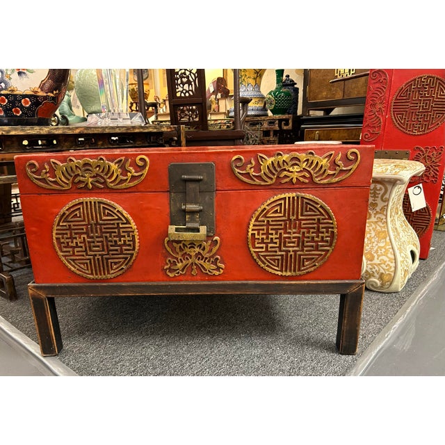 Fabulous Vintage Chinese Lacquered Pigskin Trunks, A Pair For Sale - Image 11 of 12