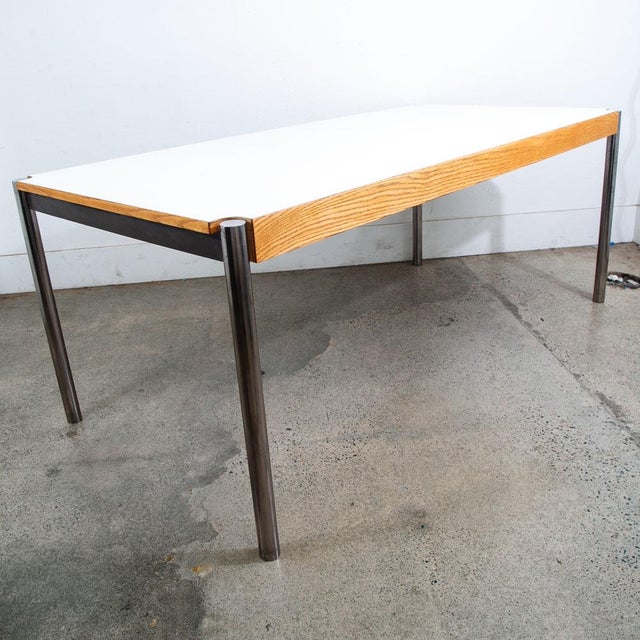Rarely seen chrome, oak and white formica folding table by Jens Risom for Howe Furniture. The chrome legs on the sides...