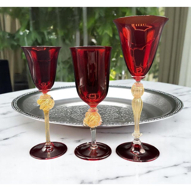 Venetian Ruby ​​and Gilt Murano Glass Goblets, Set of 3 For Sale - Image 5 of 13
