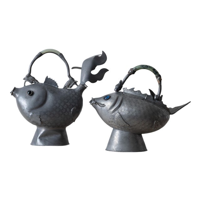 Chinese Pewter Koi Fish Teapots, 19th Century For Sale