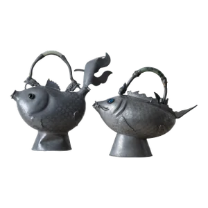 Chinese Pewter Koi Fish Teapots, 19th Century