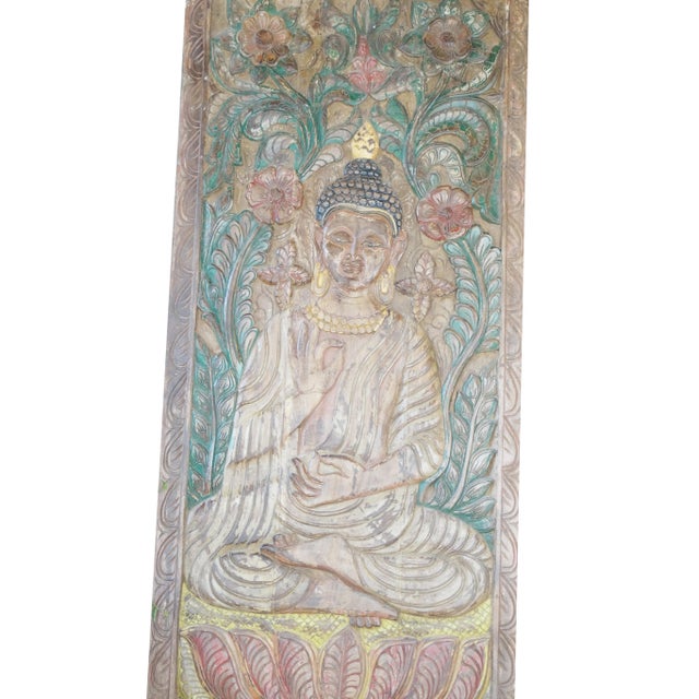 Mid-Century Modern Colorful Vintage Carved Buddha Wall Panel – Handcrafted Blessing Decorative Art 83x36 For Sale - Image 3 of 5