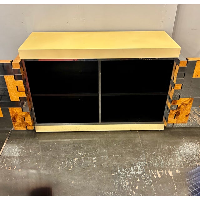 Metal 1970s Paul Evans Burl & Chrome Patchwork Cabinet, Attributed For Sale - Image 7 of 12
