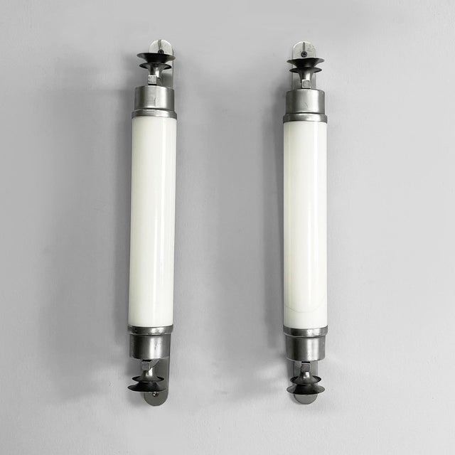 Italian Art Deco Cylindrical Wall Lamps in Opaline Glass and Metal, 1930s, Set of 2 For Sale - Image 3 of 17