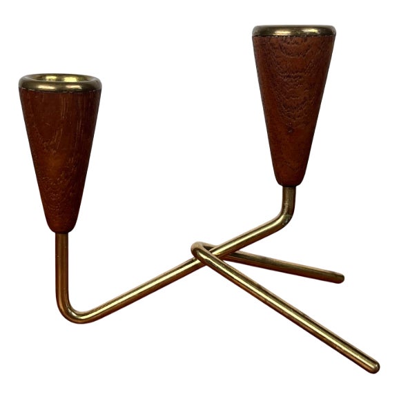 Mid-Century Modern Danish Teak and Brass Candleholder, 1960s For Sale