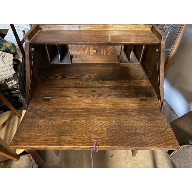 1920s Arts and Crafts Oak Drop Front Secretary Desk For Sale - Image 11 of 12