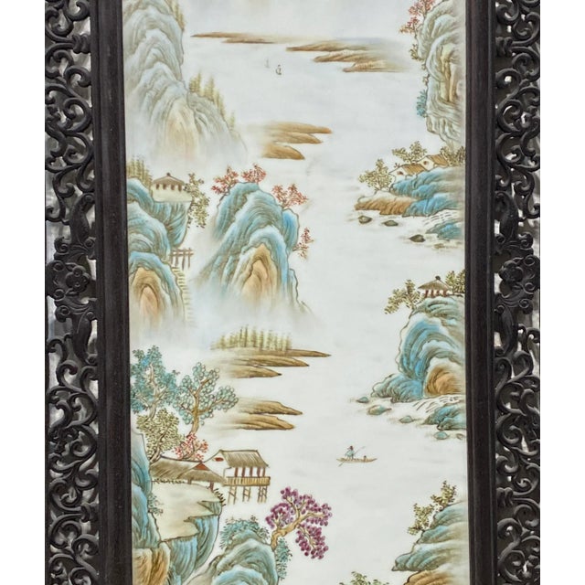 Superb Chinoiserie porcelain famille rose hand-painted panel depicting beautiful mountains, clouds, trees etc... Framed...