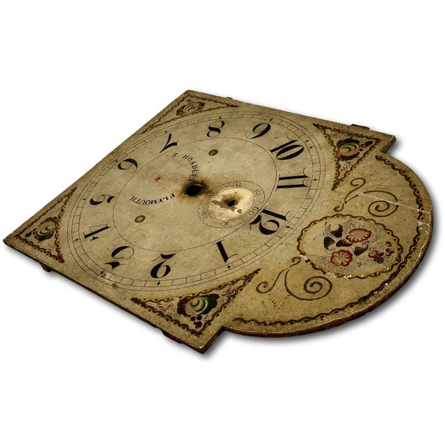 Antique American Hand Painted Wood Grandfather Clock Dial by Connecticut Maker Silas Hoadley - Circa Very Early 1800s For Sale - Image 13 of 18