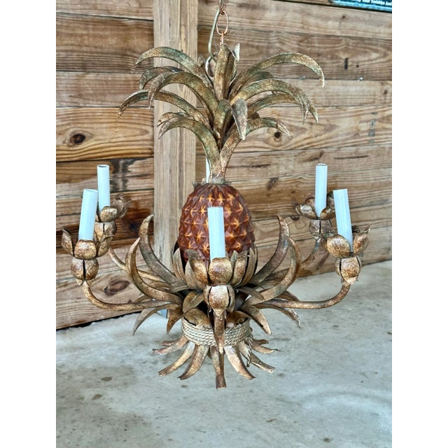 Vintage Tole Pineapple Five-Light Chandelier With Gilt Metal Leaves For Sale - Image 11 of 12