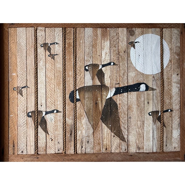 Large Vtg. 1989 Wood Inlay Geese Landscape Art Signed by C. Pruitt Inscribed 19th C. Wood Lath For Sale - Image 11 of 18