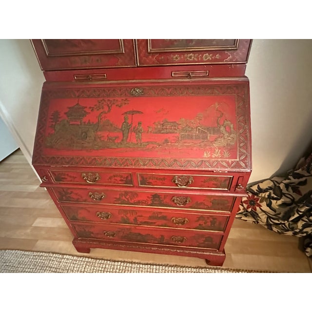 Red Vintage Red Chinoiserie Secretary Desk With Hand-Painted Gilt Asian Landscapes & Double Bonnet Top For Sale - Image 8 of 15