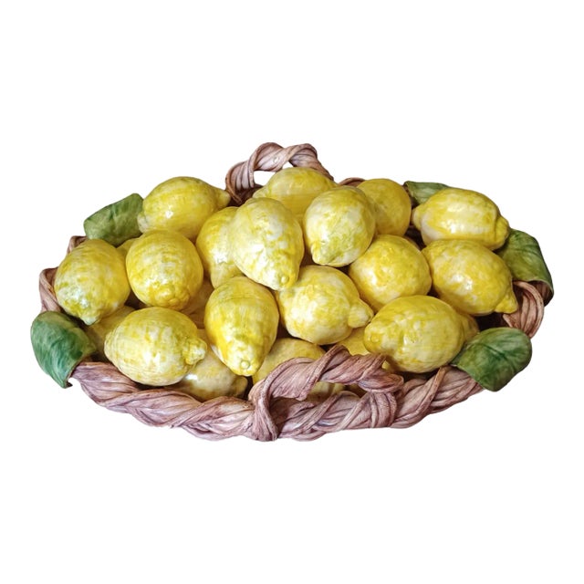 Vintage Boho Portugese Ceramic Basket of Lemons For Sale